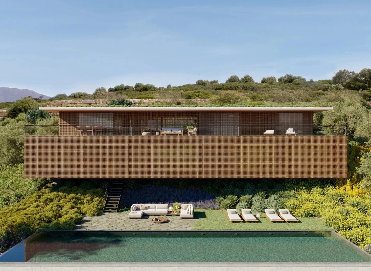 A low contemporary villa with timber screens above a long pool, set into green hillside at Finca Cortesin, Casares